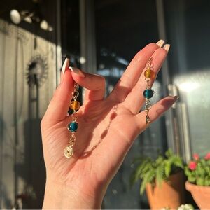 Yellow blue glass earrings fairycore boho modern wire wrapped hippie style